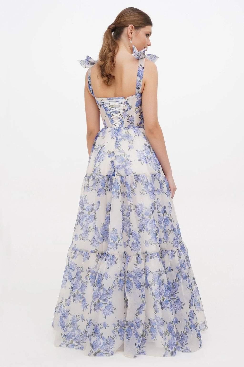 Flowering Girl Women Floral Sweetheart Neck Frill Maxi Dress