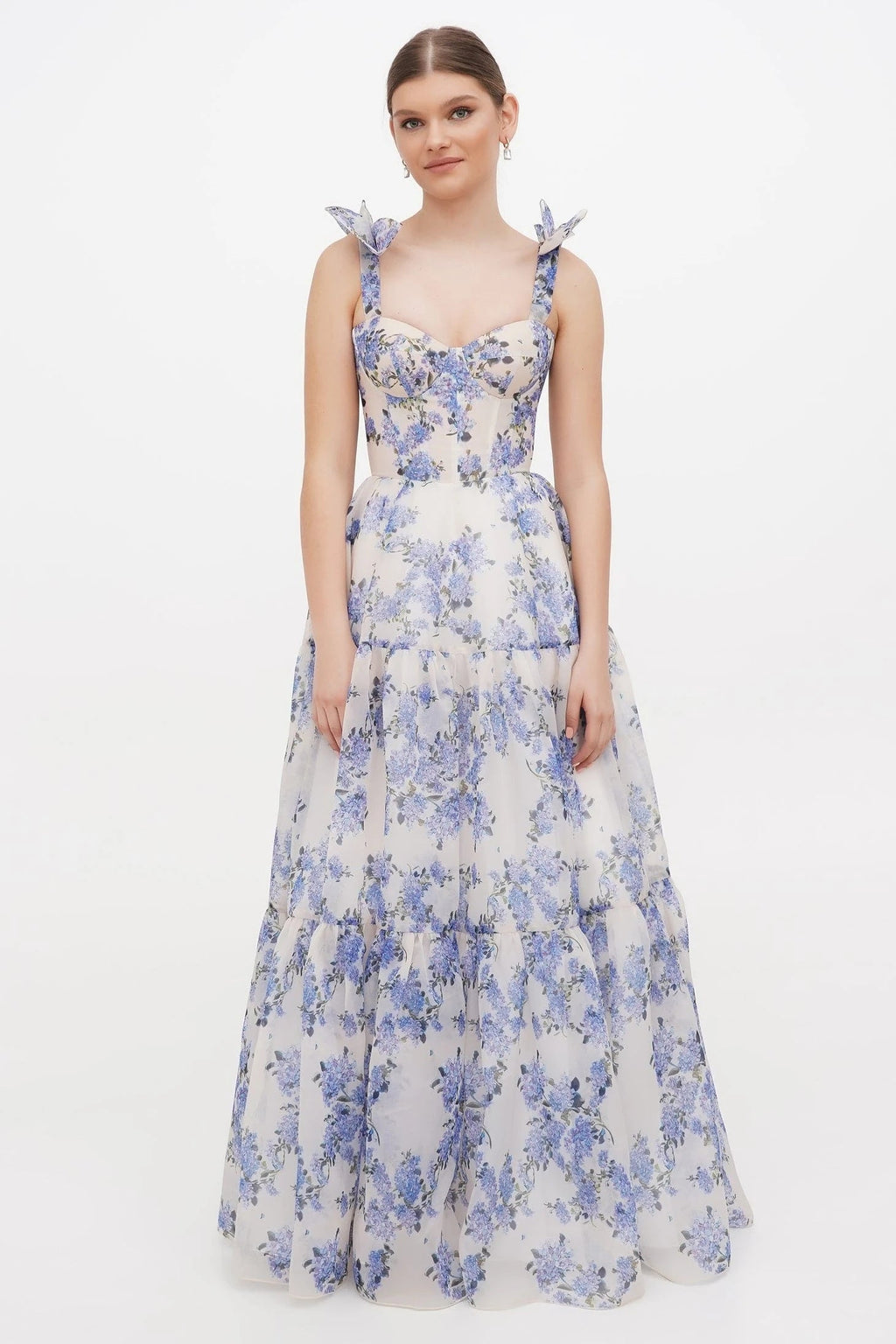 Flowering Girl Women Floral Sweetheart Neck Frill Maxi Dress