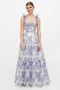Flowering Girl Women Floral Sweetheart Neck Frill Maxi Dress