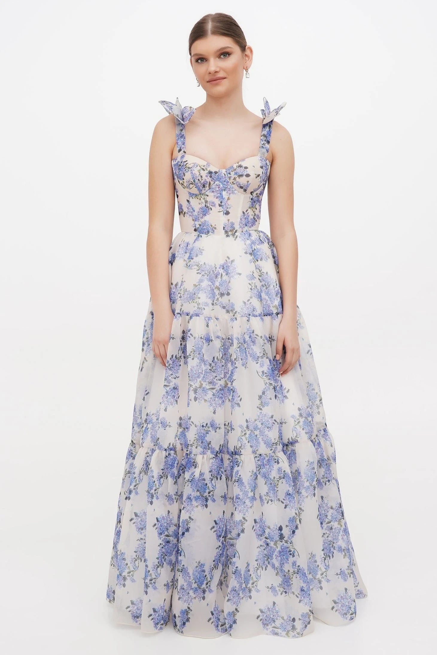 Flowering Girl Women Floral Sweetheart Neck Frill Maxi Dress