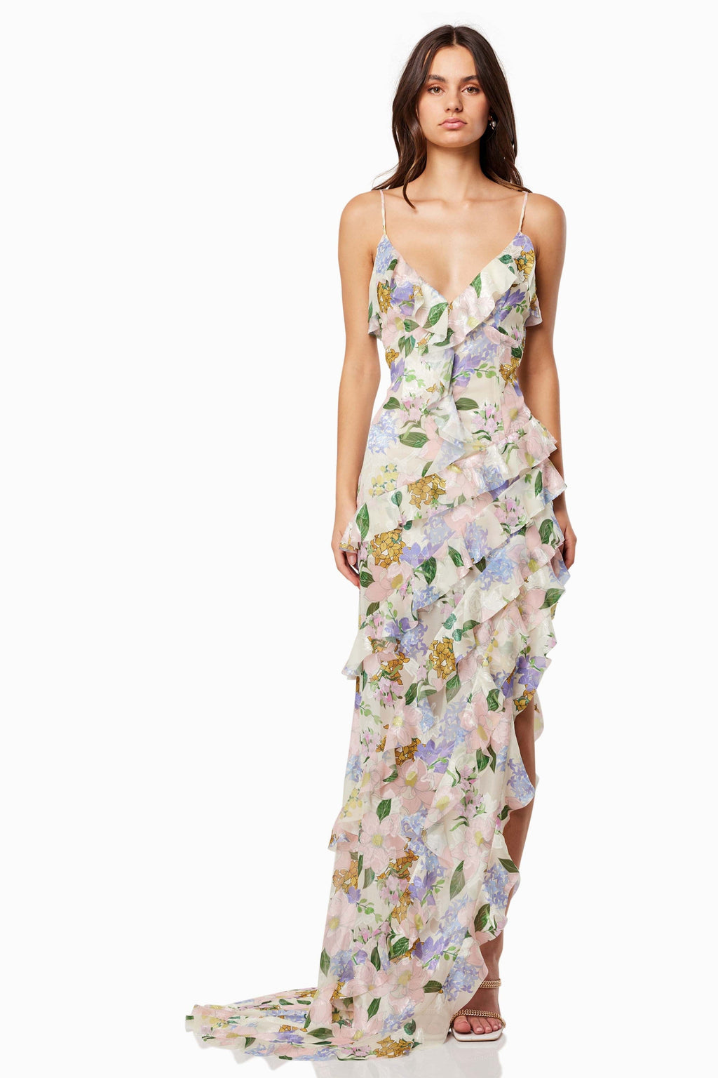 Flowering Girl Women Floral V-Neck Frill Slip Maxi Dress