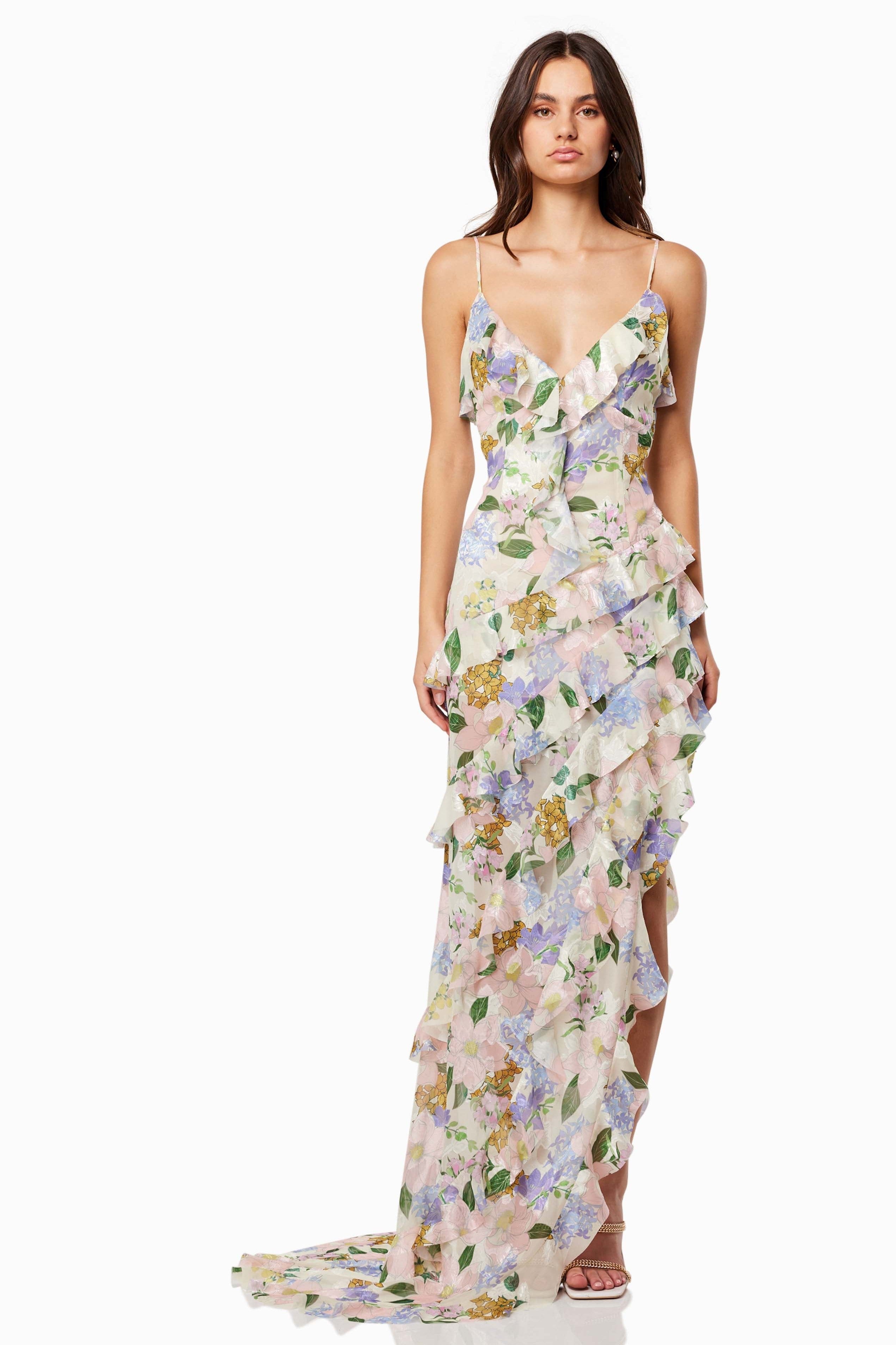 Flowering Girl Women Floral V-Neck Frill Slip Maxi Dress