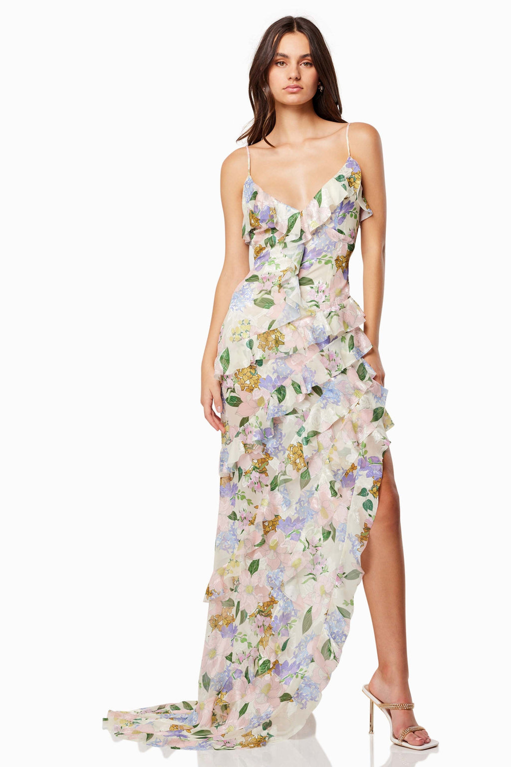 Flowering Girl Women Floral V-Neck Frill Slip Maxi Dress