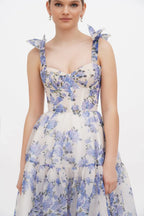 Flowering Girl Women Floral Sweetheart Neck Frill Maxi Dress