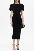 Flowering Girl Women pleated velvet cut-out midi dress in black