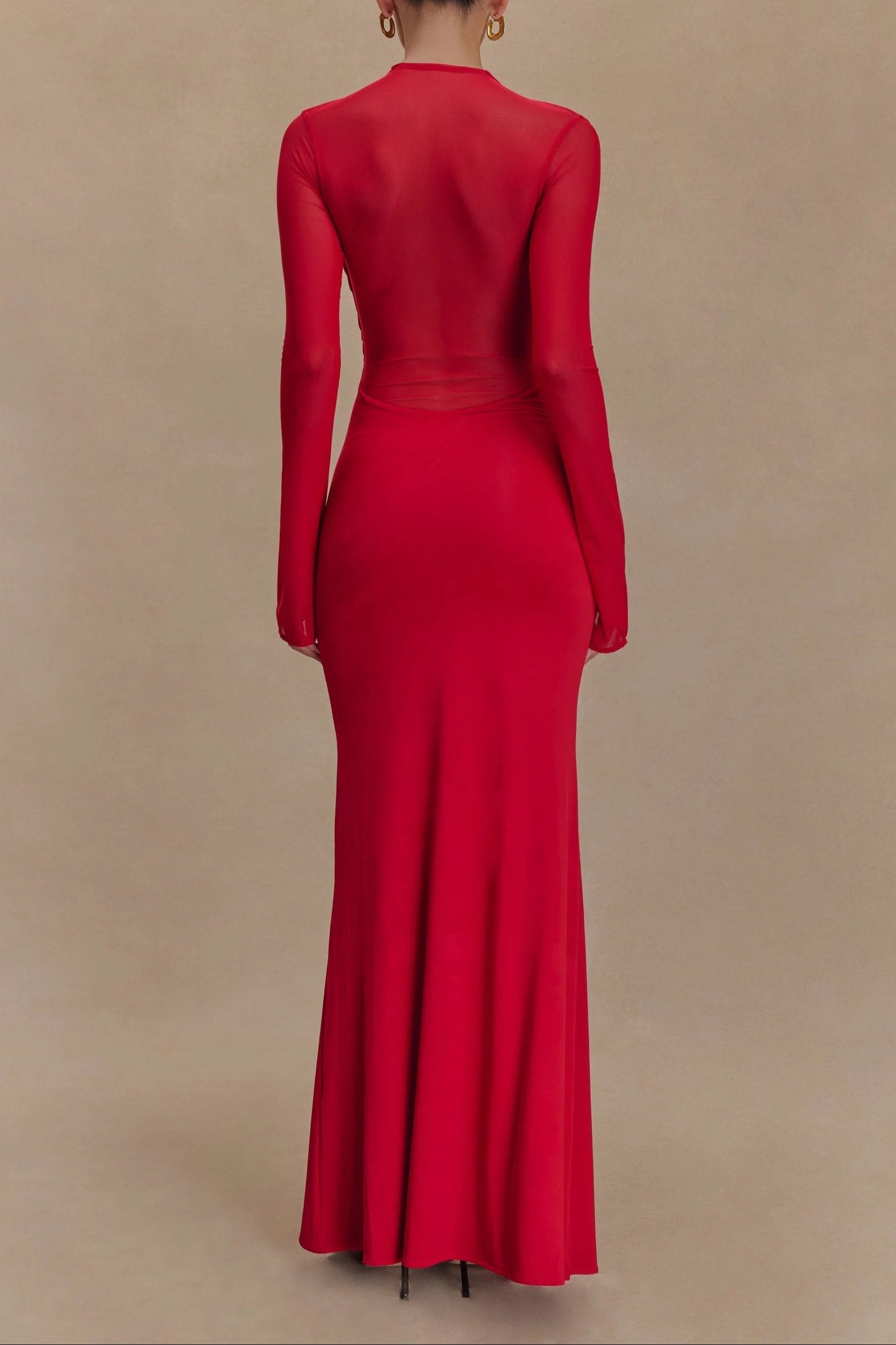 Flowering Girl Women Slinky Mesh Long Sleeve Maxi Dress In Ruby