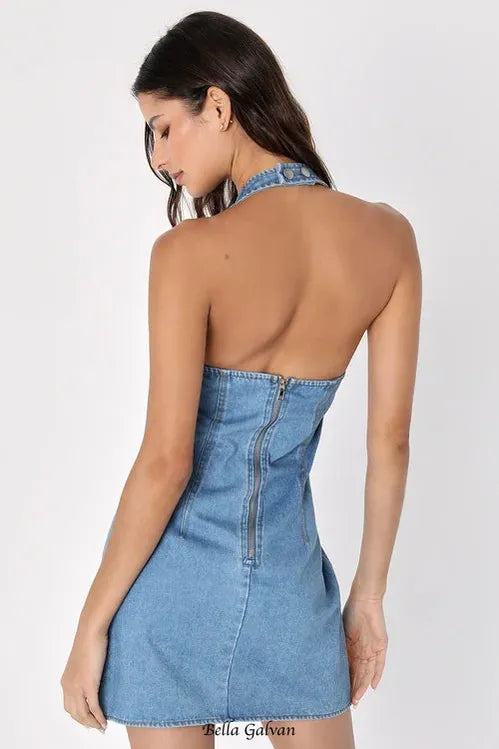 Flowering Girl Women Summertime Inspiration Medium Wash Denim Halter Mini Dress