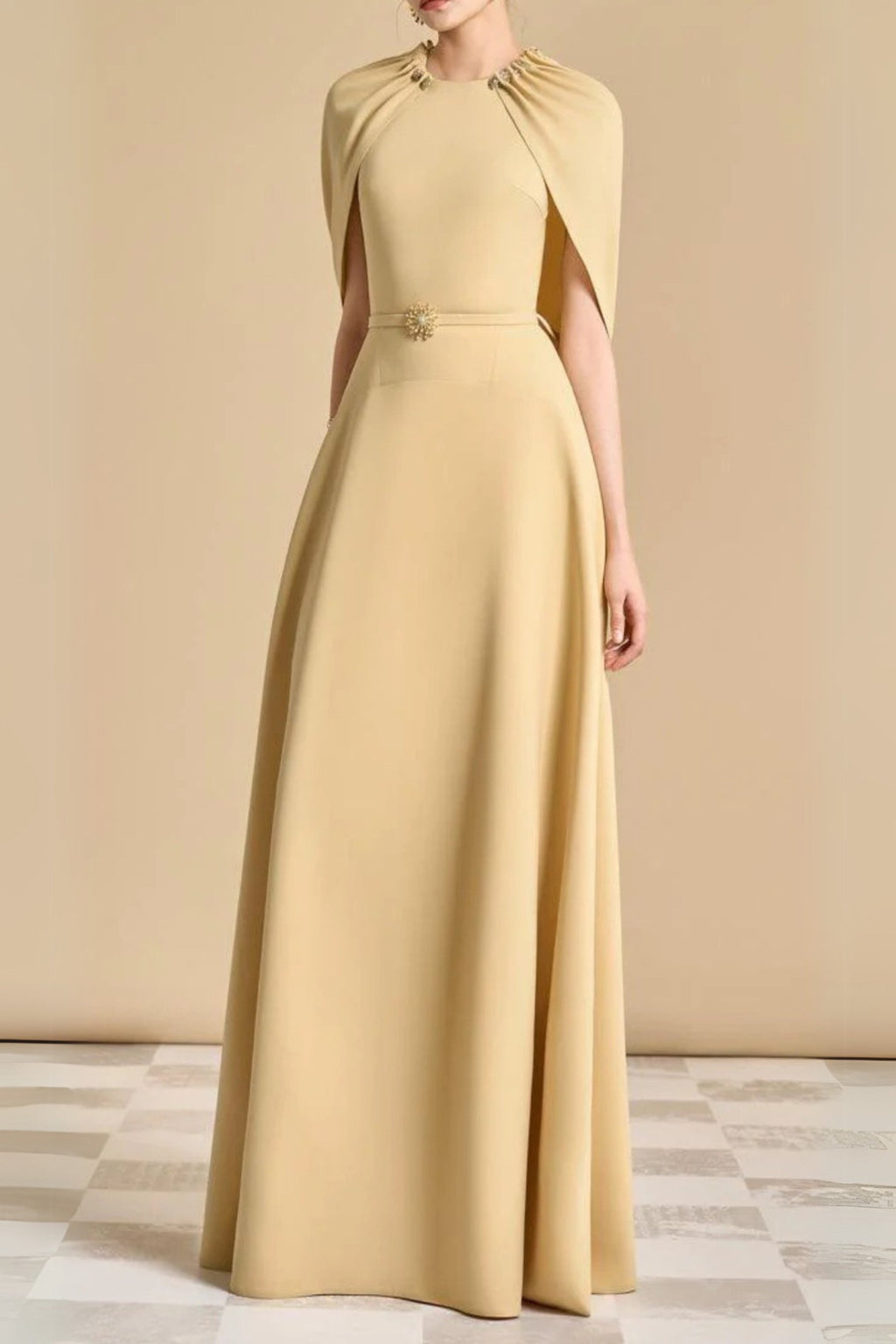 Flowering Girl Women Jasmine A-Line Cape Sleeved Maxi Dress In Yellow Beige