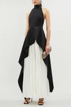Bandage High Neck Pleated Peplum Maxi Dress