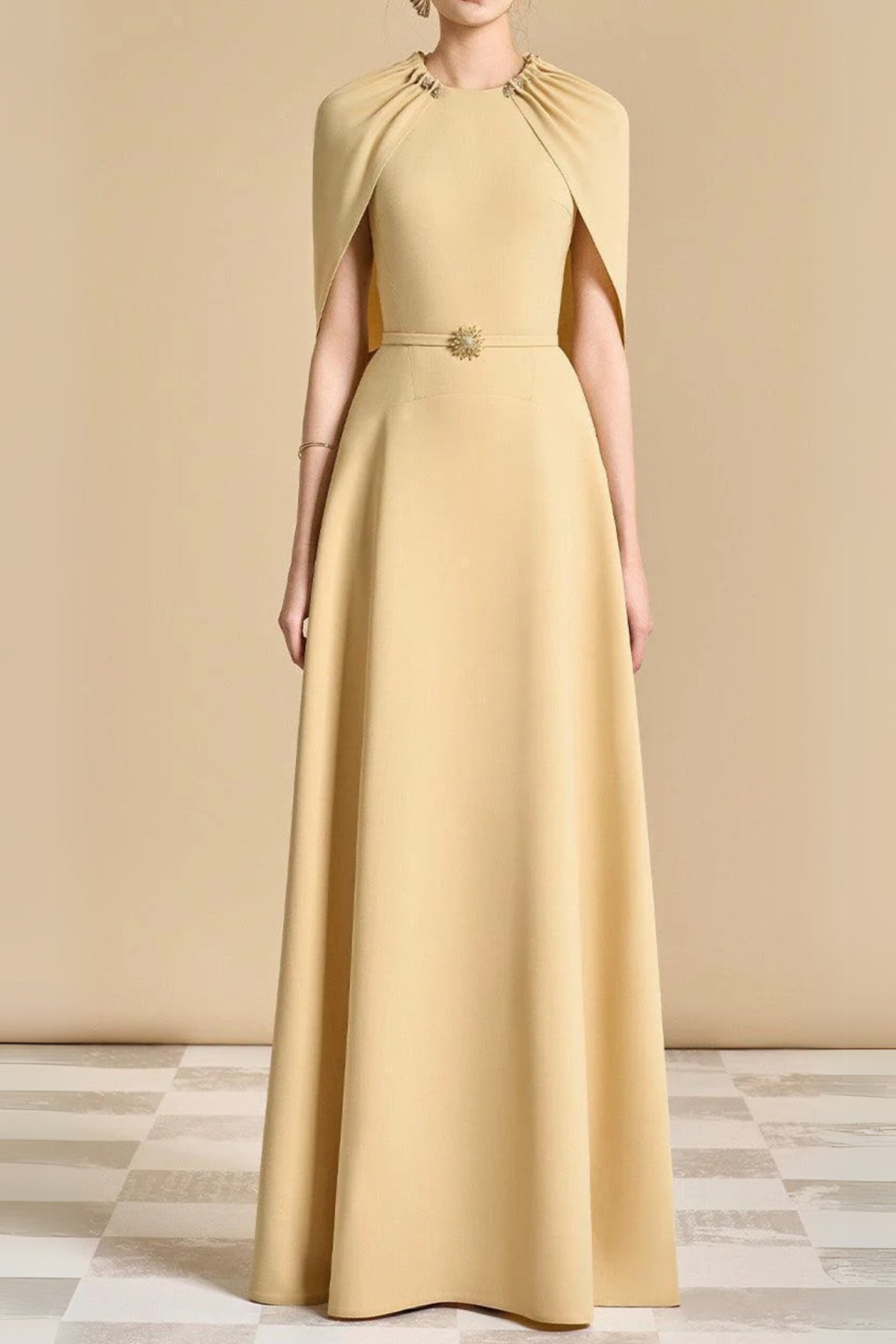 Flowering Girl Women Jasmine A-Line Cape Sleeved Maxi Dress In Yellow Beige