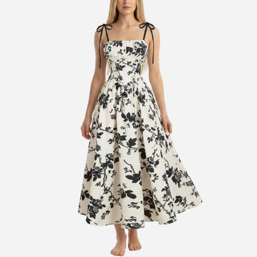 Smocked Floral Square Neck A-line Midi Dress