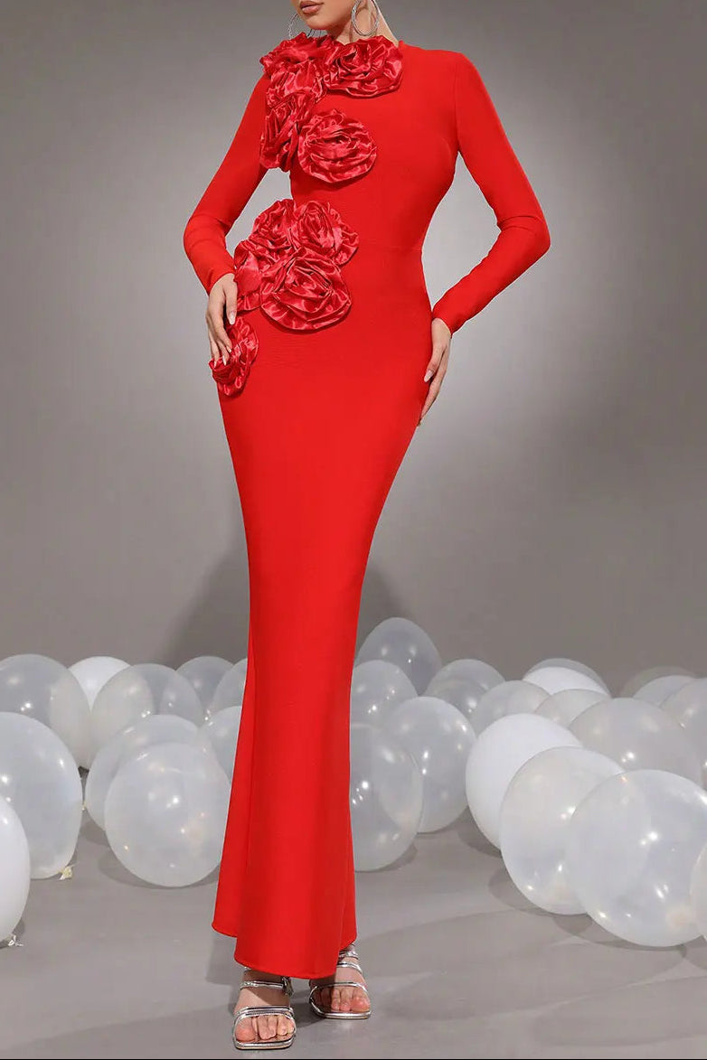 Sally 3D Flower Decorative Bandage Maxi Dress In Red