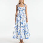 Smocked Floral Square Neck A-line Midi Dress