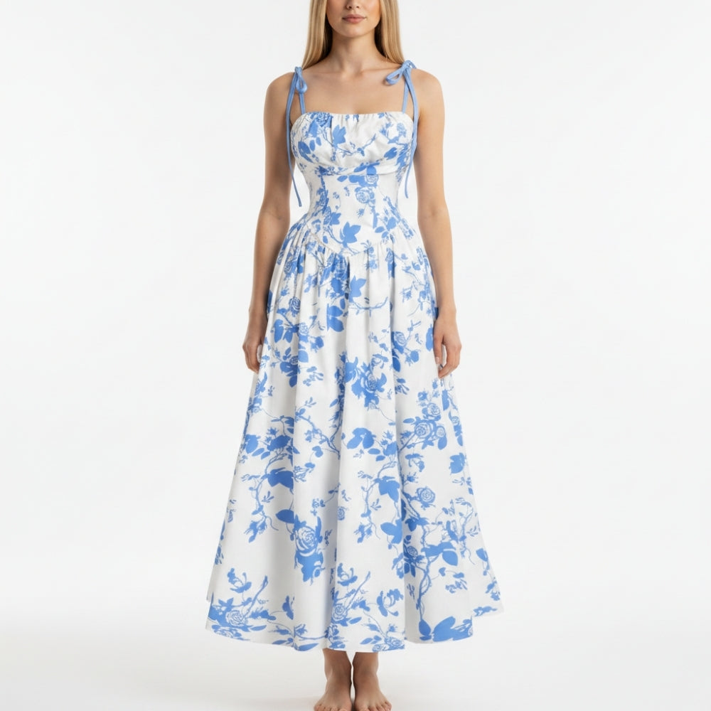Smocked Floral Square Neck A-line Midi Dress