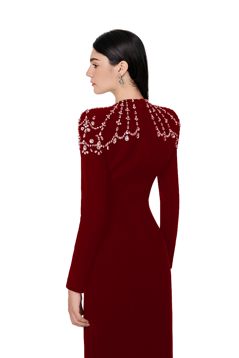 Flowering Girl Women long sleeve trapezoid neckline bodycon maxi dress in red