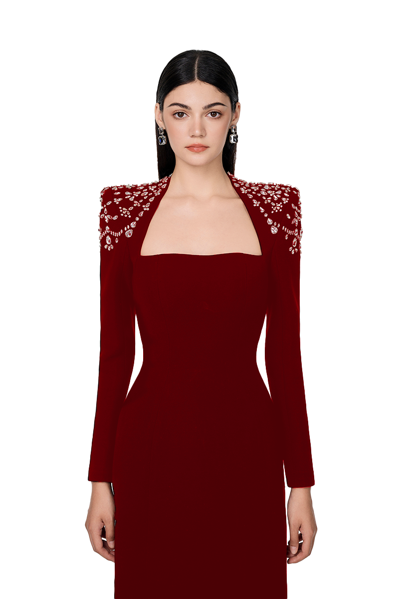 Flowering Girl Women Long Sleeve Trapezoid Neckline Bodycon Maxi Dress In Red