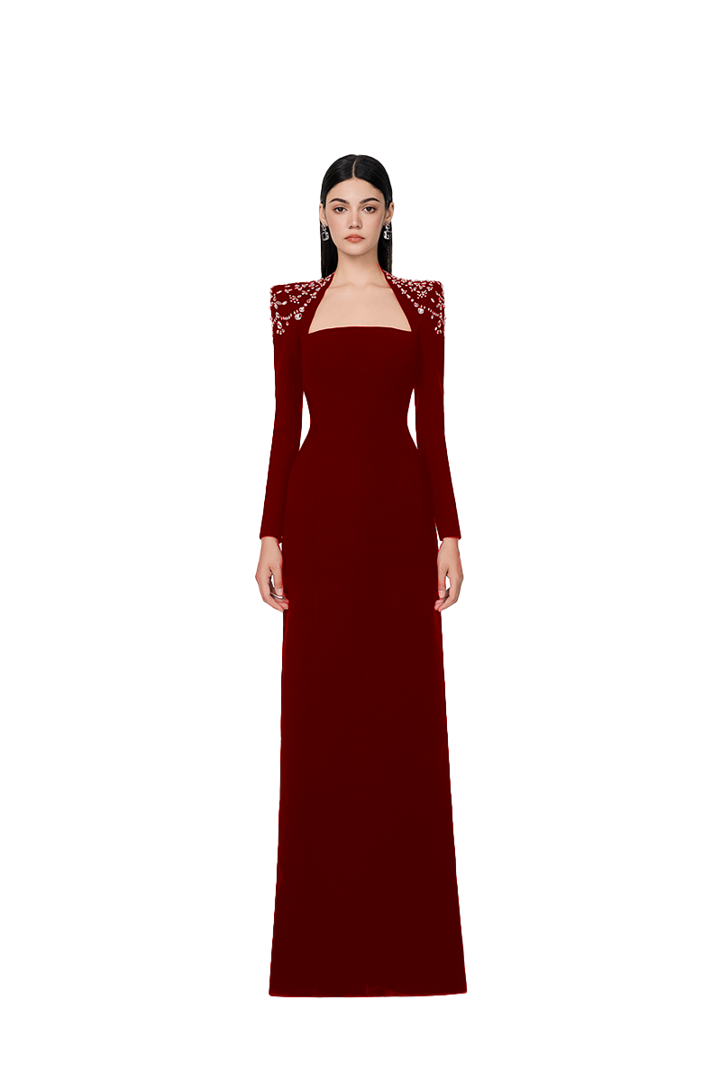 Flowering Girl Women long sleeve trapezoid neckline bodycon maxi dress in red