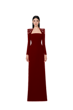 Flowering Girl Women long sleeve trapezoid neckline bodycon maxi dress in red