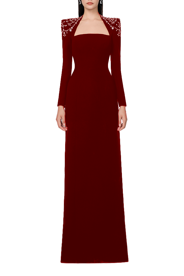 Flowering Girl Women Long Sleeve Trapezoid Neckline Bodycon Maxi Dress In Red