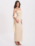 Raizel Gold Beaded Sequin Bodycon Gown With Scarf
