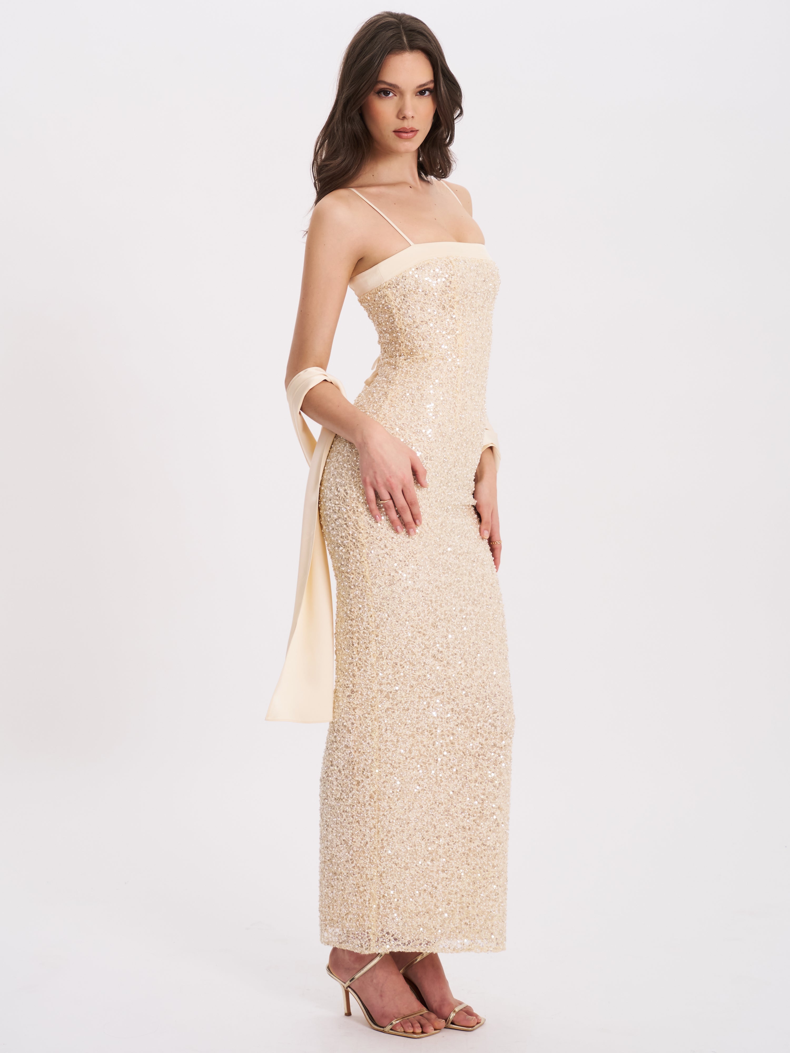 Raizel Gold Beaded Sequin Bodycon Gown With Scarf