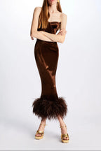 Strapless Bustier Feather Hem Midi Velvet Dress Brown