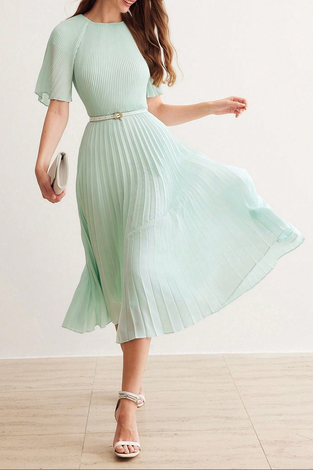 Mint Green Pleated Midi Dress with Belt