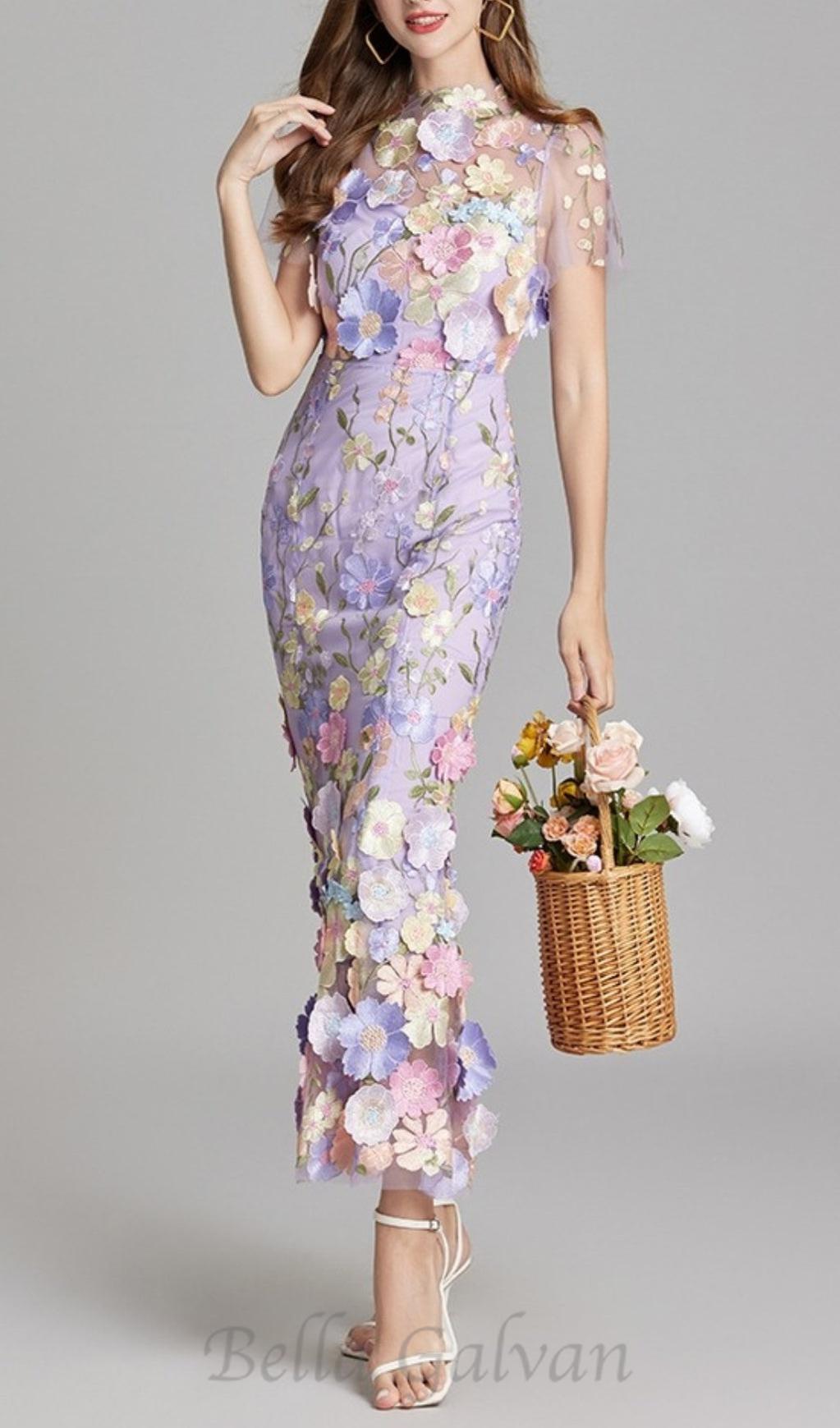 Flowering Girl Women FLORAL EMBROIDERY MESH FISHTAIL MIDI DRESS IN PURPLE