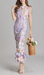 Flowering Girl Women FLORAL EMBROIDERY MESH FISHTAIL MIDI DRESS IN PURPLE