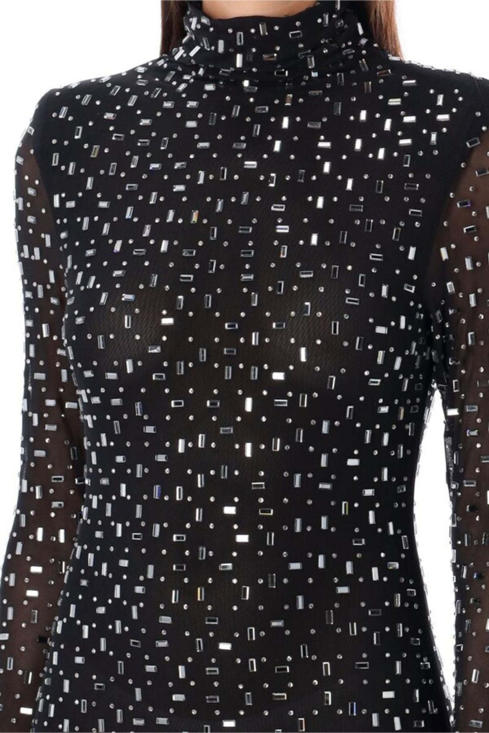 Crystal Embellished Mesh Midi Dress In Black