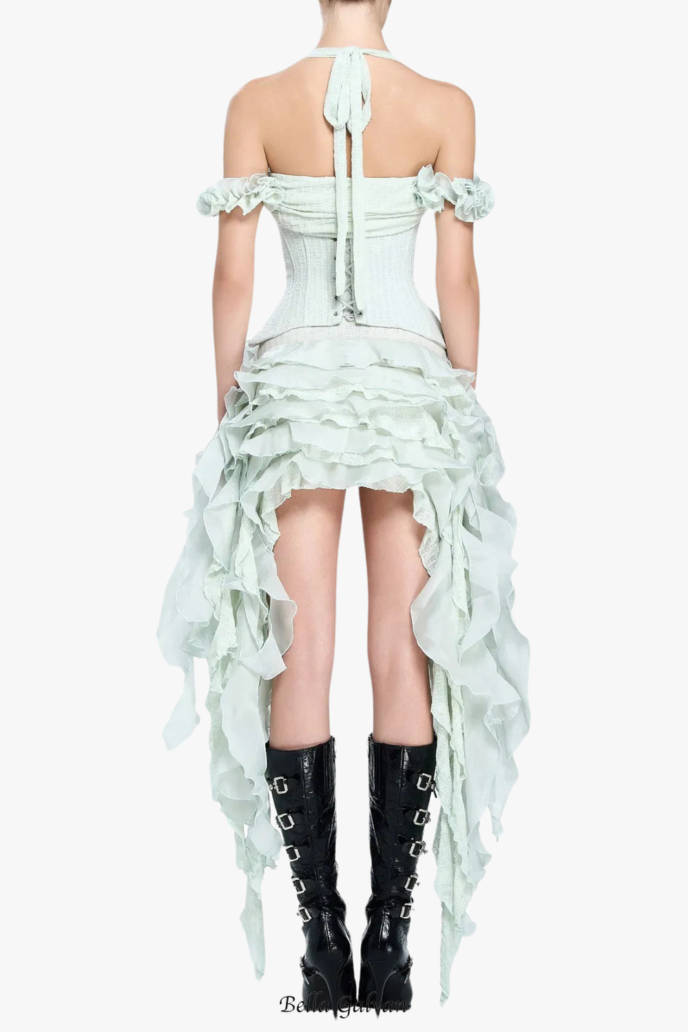 Flowering Girl Women elva halter three-dimensional flower irregular tassel mini dress in mint