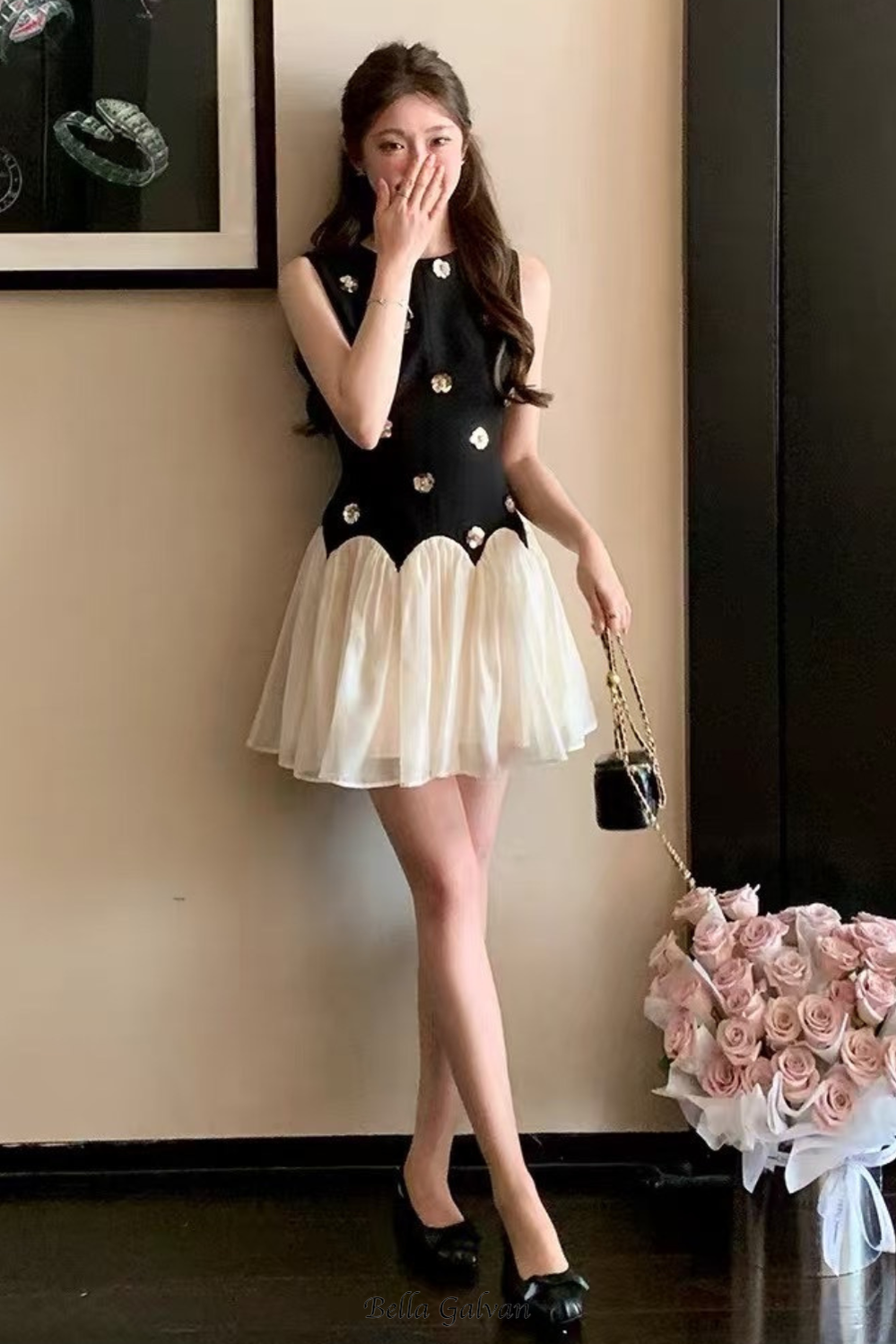 Flowering Girl Women Stereoscopic Flower sleeveless mesh mini dress