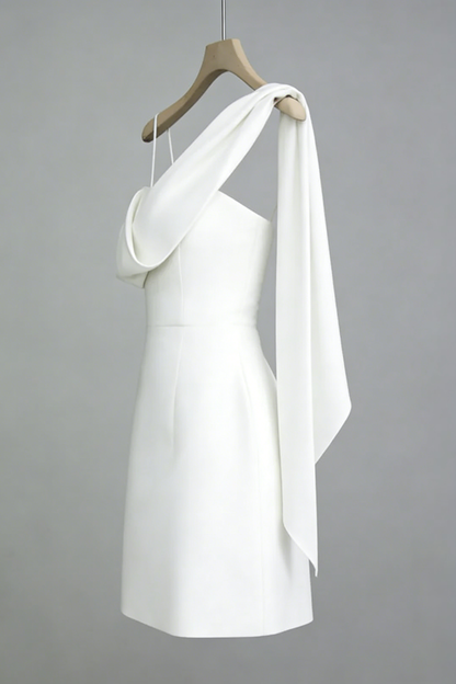 White Asymmetrical One-Shoulder Mini Dress with Sash Tie