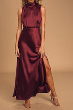 Flowering Girl Women Wine Satin Maxi Dress