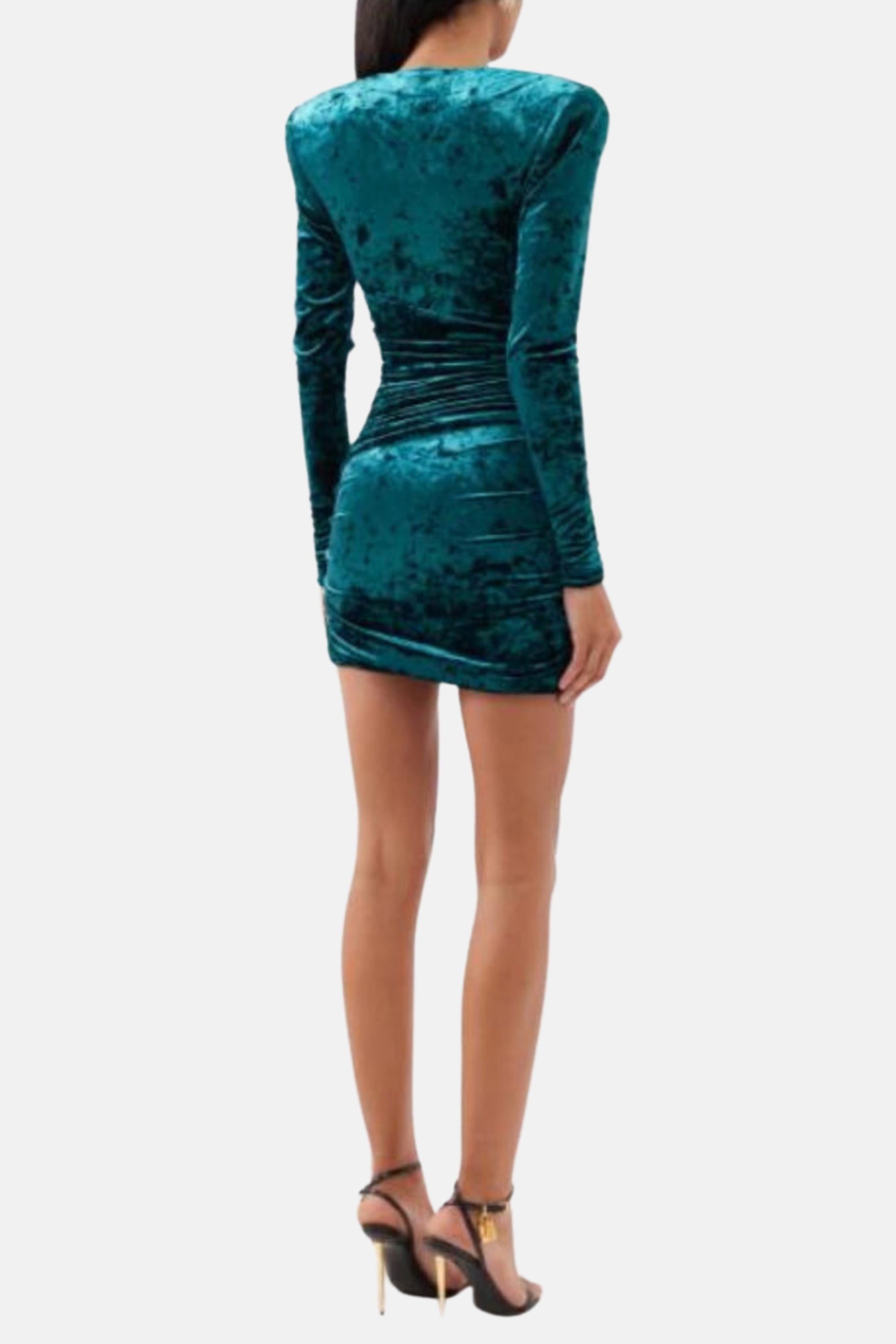 Flowering Girl Women Green V Neck Ruched Velvet Mini Dress