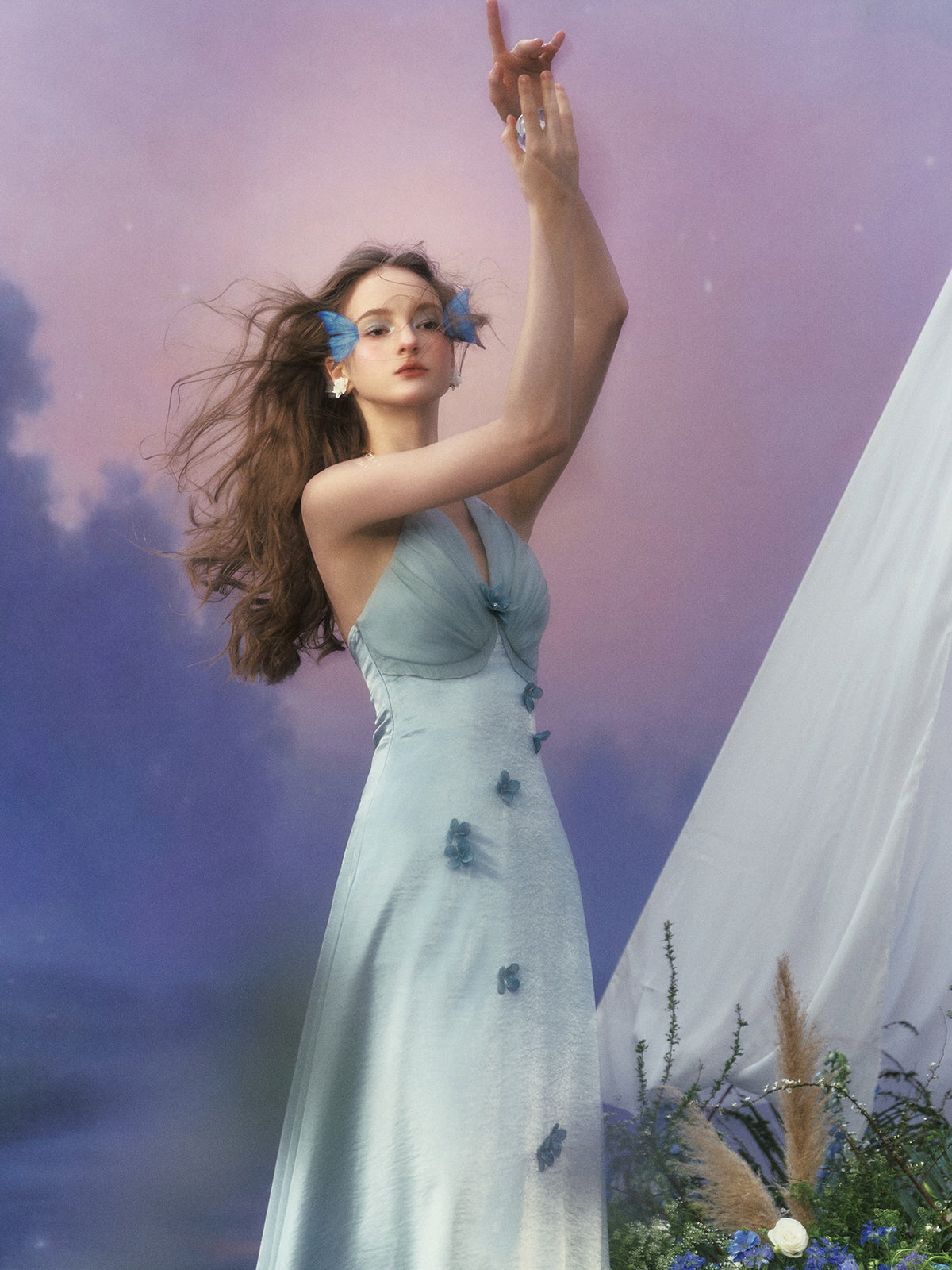 Butterfly Princess Halter midi Dress in light blue