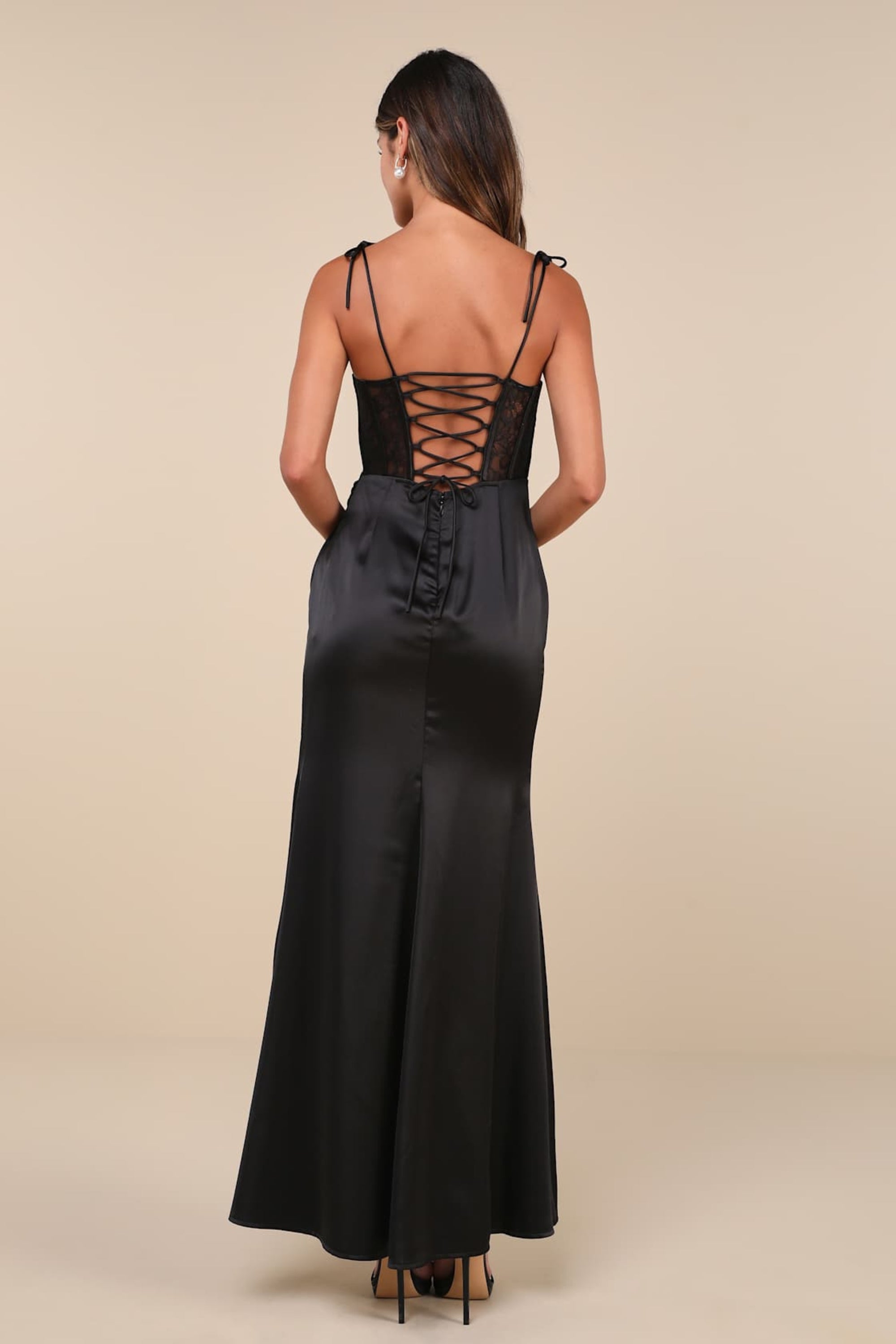 Flowering Girl Women Aura Black Satin Lace Tie-Strap Bustier Maxi Dress