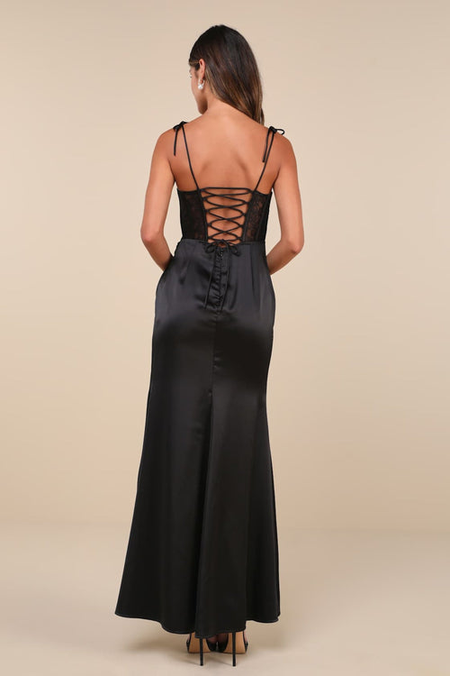 Flowering Girl Women Aura Black Satin Lace Tie-Strap Bustier Maxi Dress