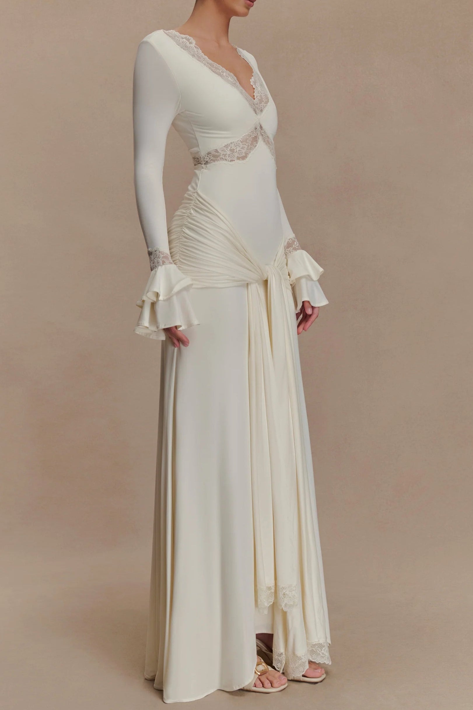 Flowering Girl Women Pamela V-Neck Lace See-Through Maxi Dress In White