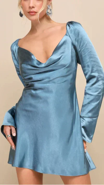 Flowering Girl Women Sensational Fate Slate Blue Satin Cowl Neck Mini Dress