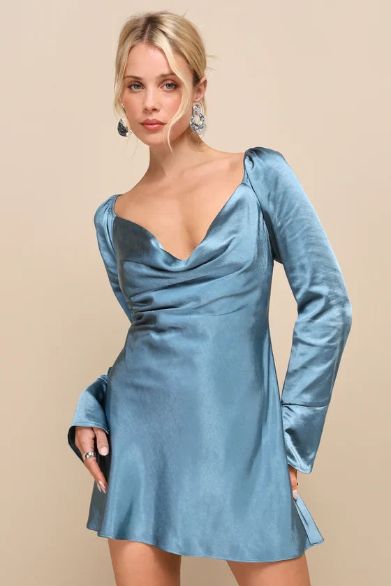 Flowering Girl Women Sensational Fate Slate Blue Satin Cowl Neck Mini Dress