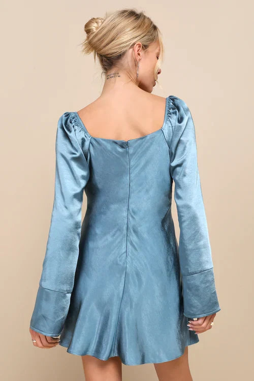 Flowering Girl Women Sensational Fate Slate Blue Satin Cowl Neck Mini Dress