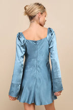 Flowering Girl Women Sensational Fate Slate Blue Satin Cowl Neck Mini Dress