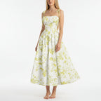 Smocked Floral Square Neck A-line Midi Dress