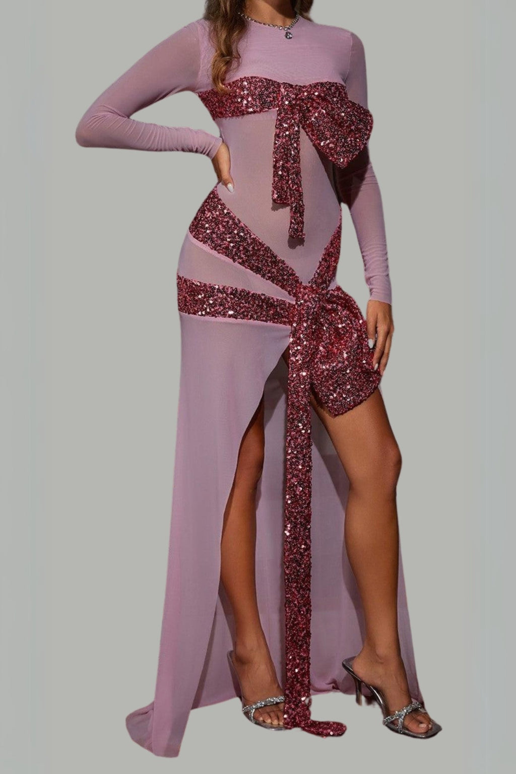Flowering Girl Women Zachary Long Sleeve Bow Sequin Dress