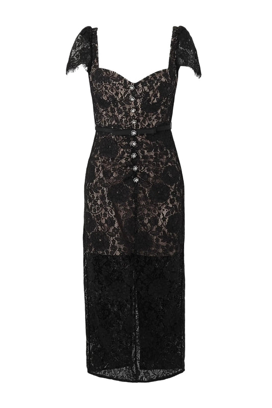 helen black Belted embellished cotton-blend lace midi dress