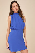 Flowering Girl Women chiffon sleeveless mock neck mini dress in blue