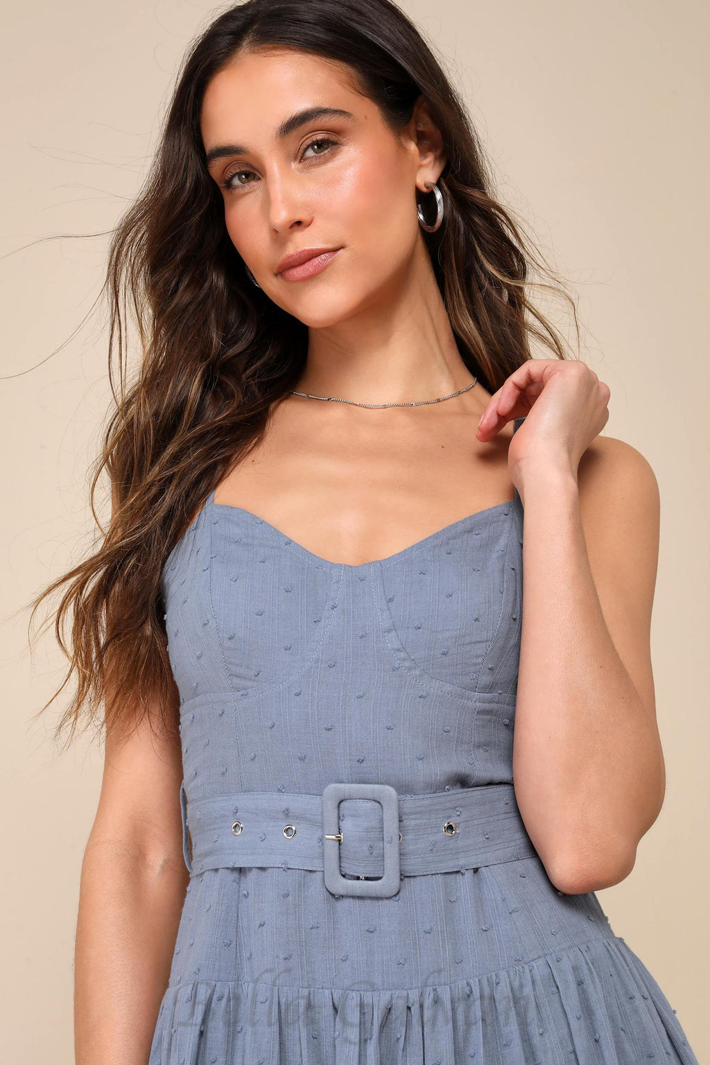 Flowering Girl Women slate blue swiss dot bustier tiered midi dress