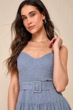 Flowering Girl Women slate blue swiss dot bustier tiered midi dress