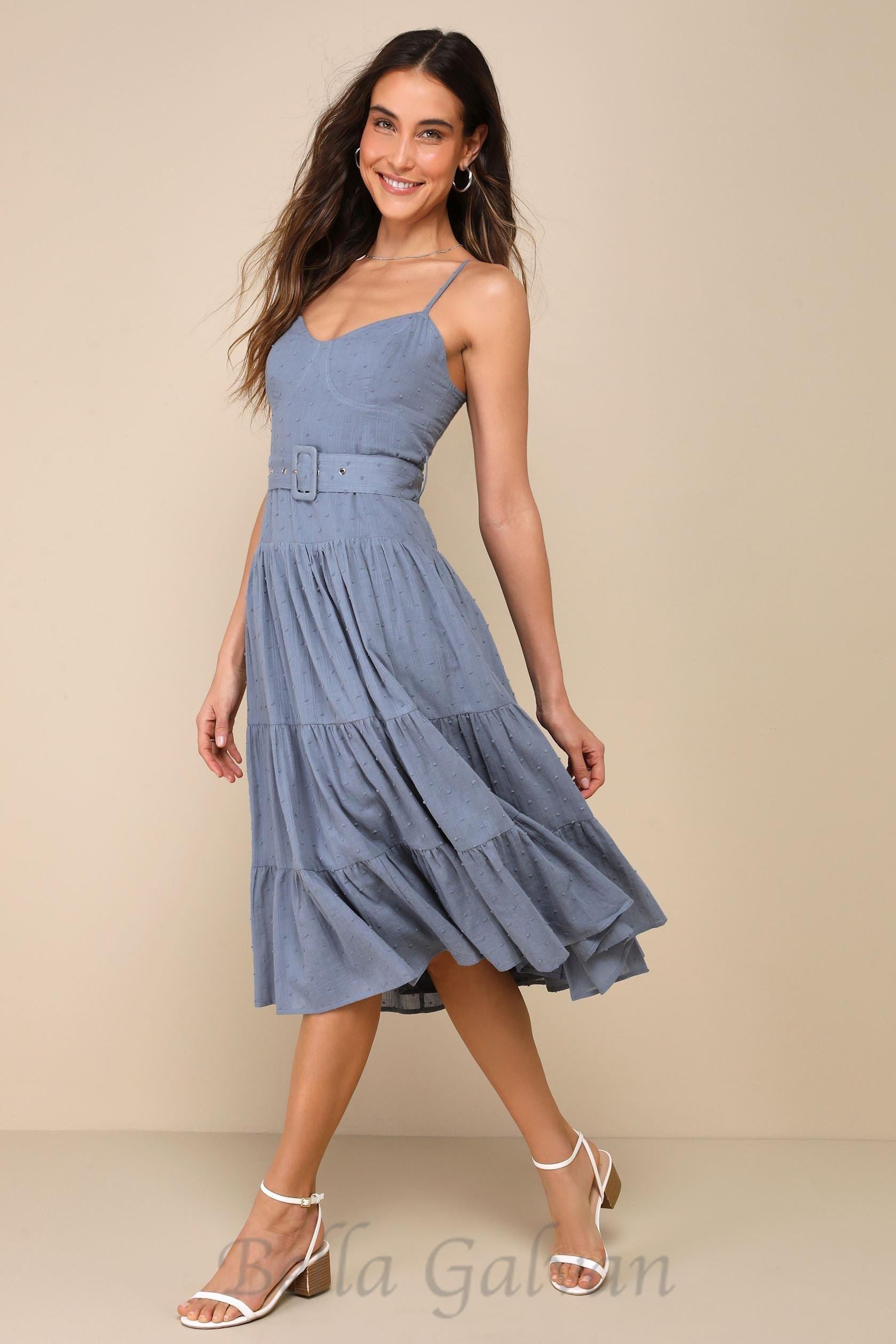 Flowering Girl Women slate blue swiss dot bustier tiered midi dress